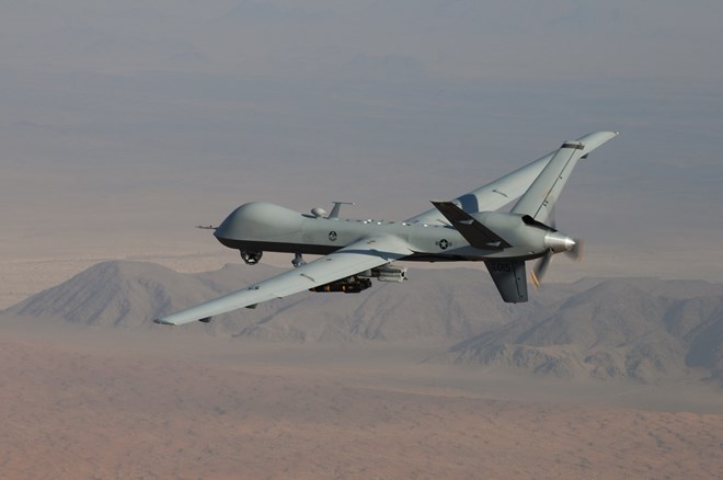 MQ-9 Reaper armed with GBU-12 Paveway II laser guided munitions and AGM-114 Hellfire missiles Credit - USAF