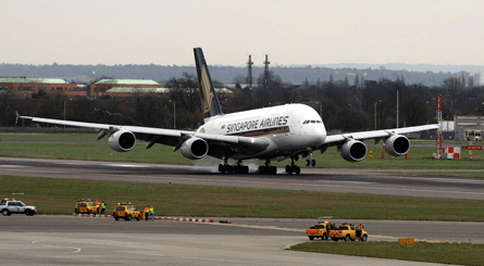 SIA A380 landing at LHR