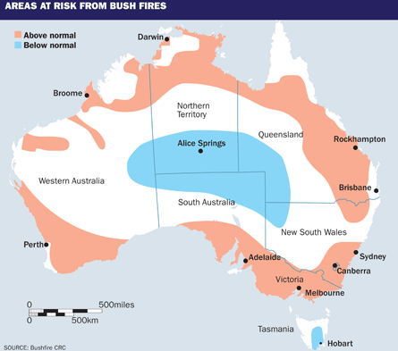Areas at risk from bush fires