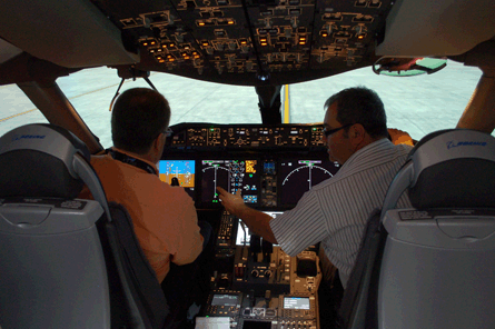 Mike Gerzanics in the Boeing 787 flight simulator