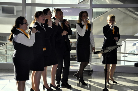 Lufthansa flight attendants celebrating A380