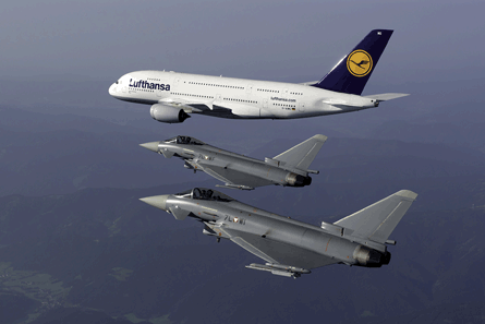Austrian air force Eurofighters escorting a Luftha