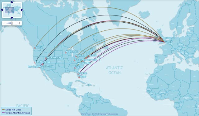 Delta Virgin route map (UK-US)