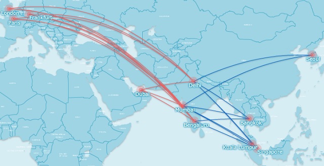 A380 operators with routes to India