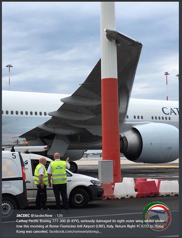 Cathay 777-300ER smashes pole at Rome airport